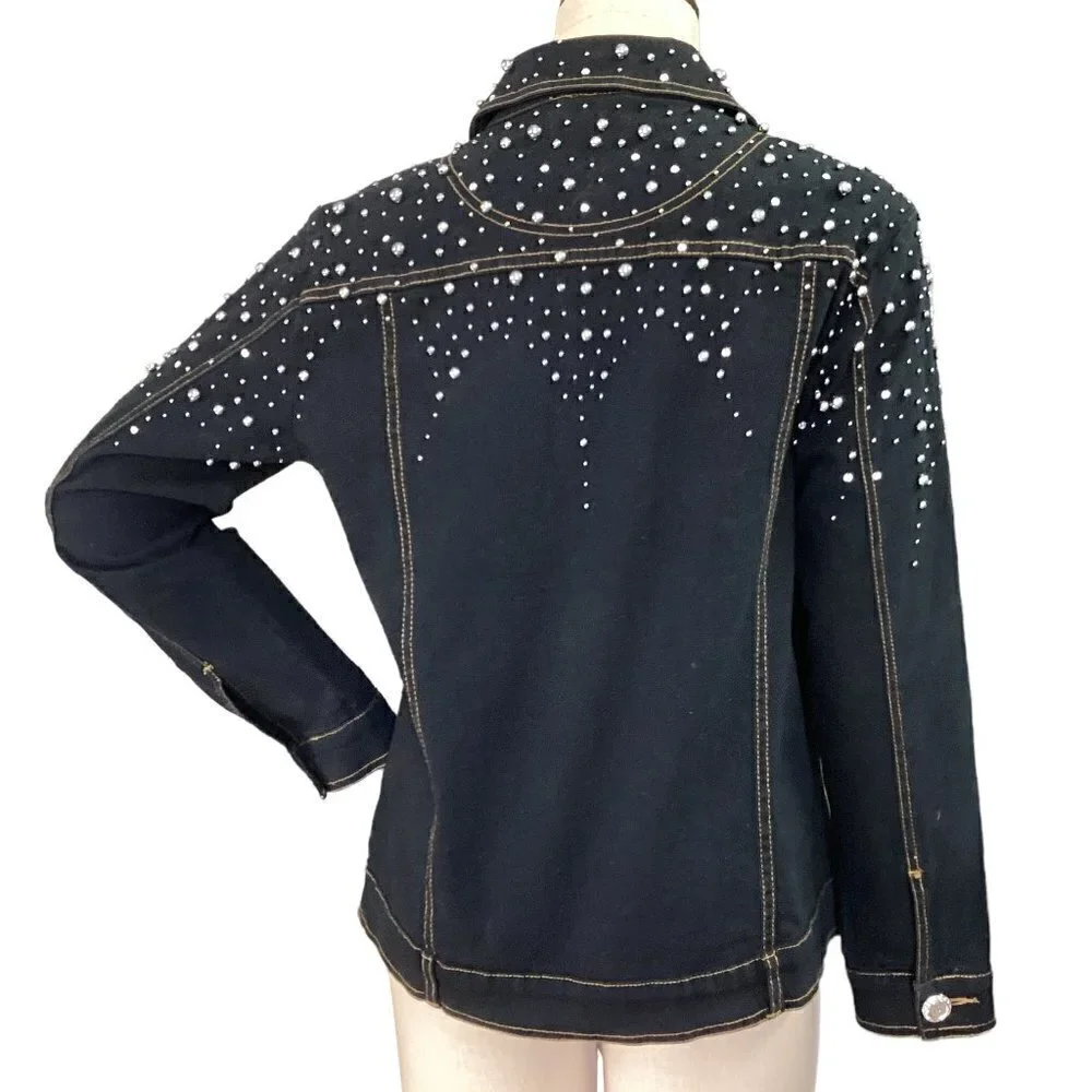 Quacker Factory Black Denim/Jean Jacket Pearl Buttons Beaded Studed Sz XS #57X‎